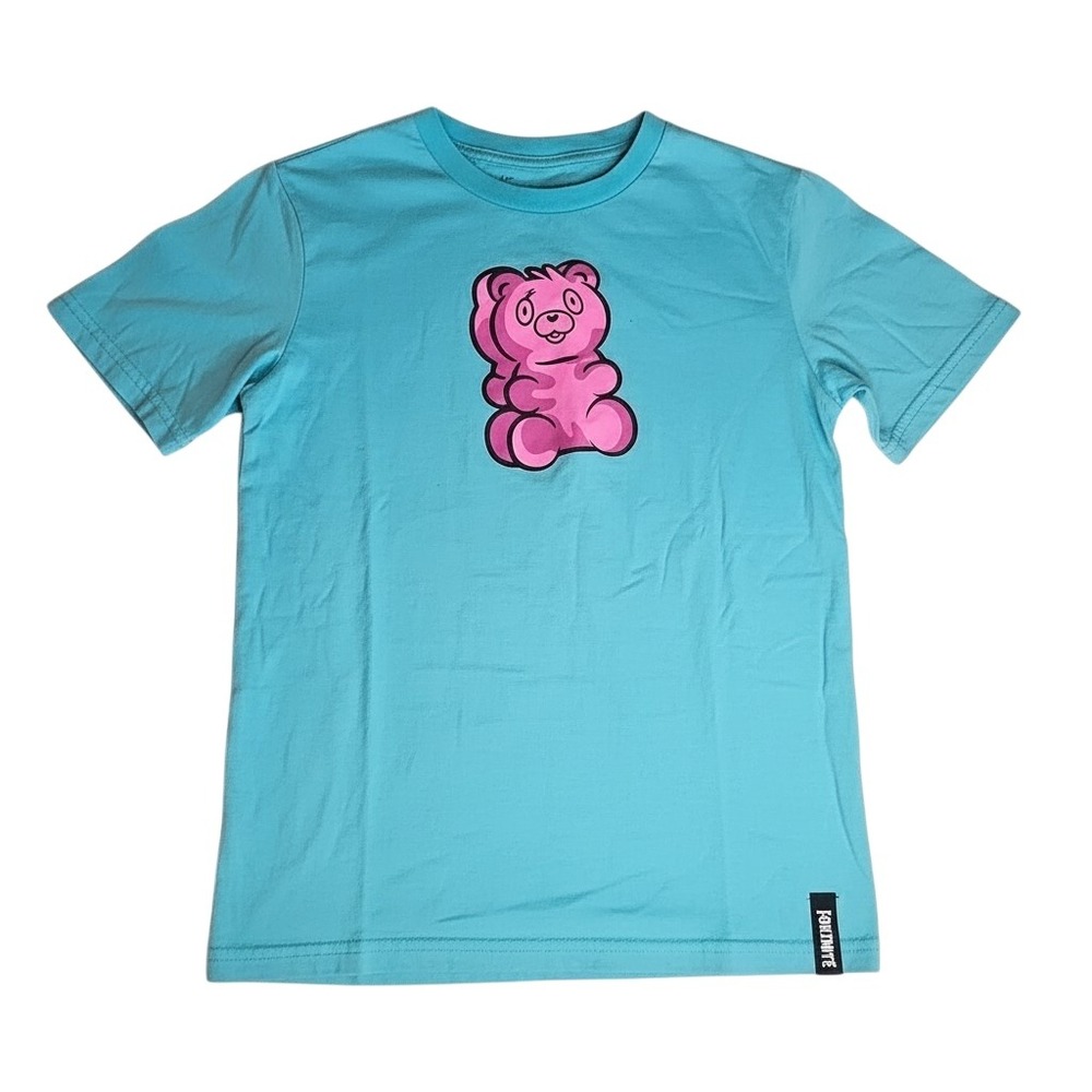 Fortnite Cuddle Team Leader Graphic Tee Cyan Blue Pink Bear Kids Size L 10-12